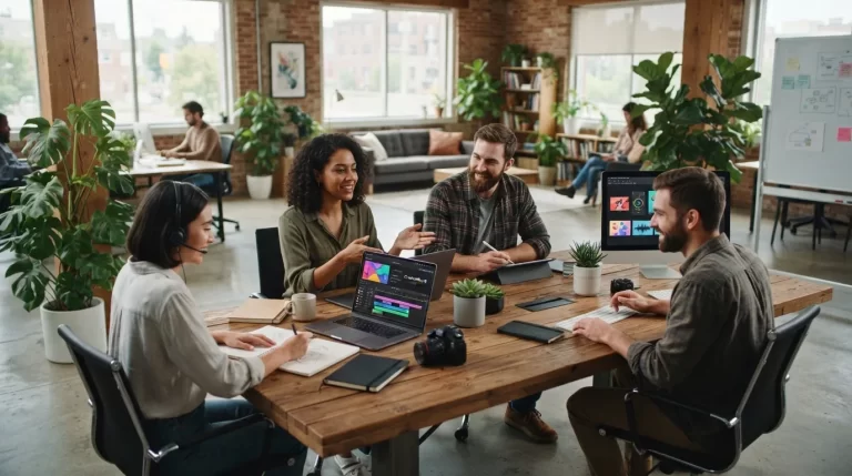 Small team using ai for content production. a wide shot of a bright modern co