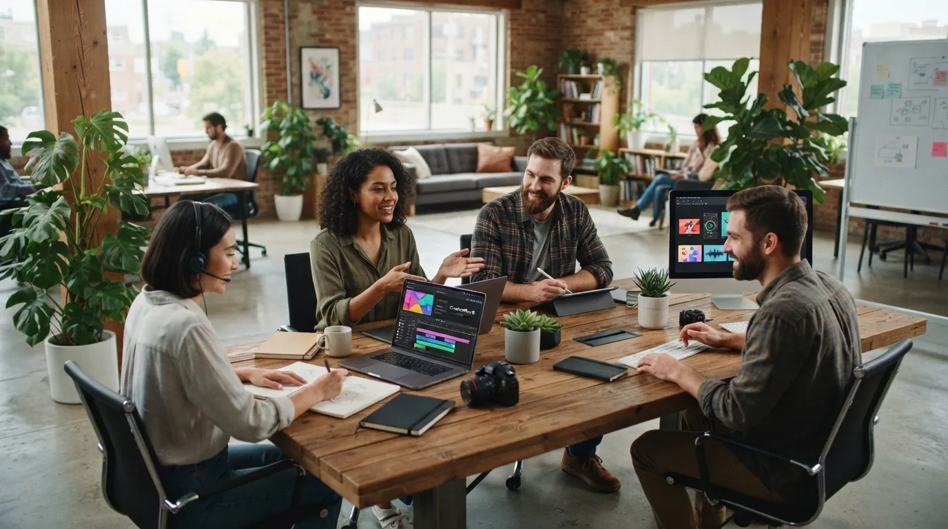 Small team using ai for content production. a wide shot of a bright modern co